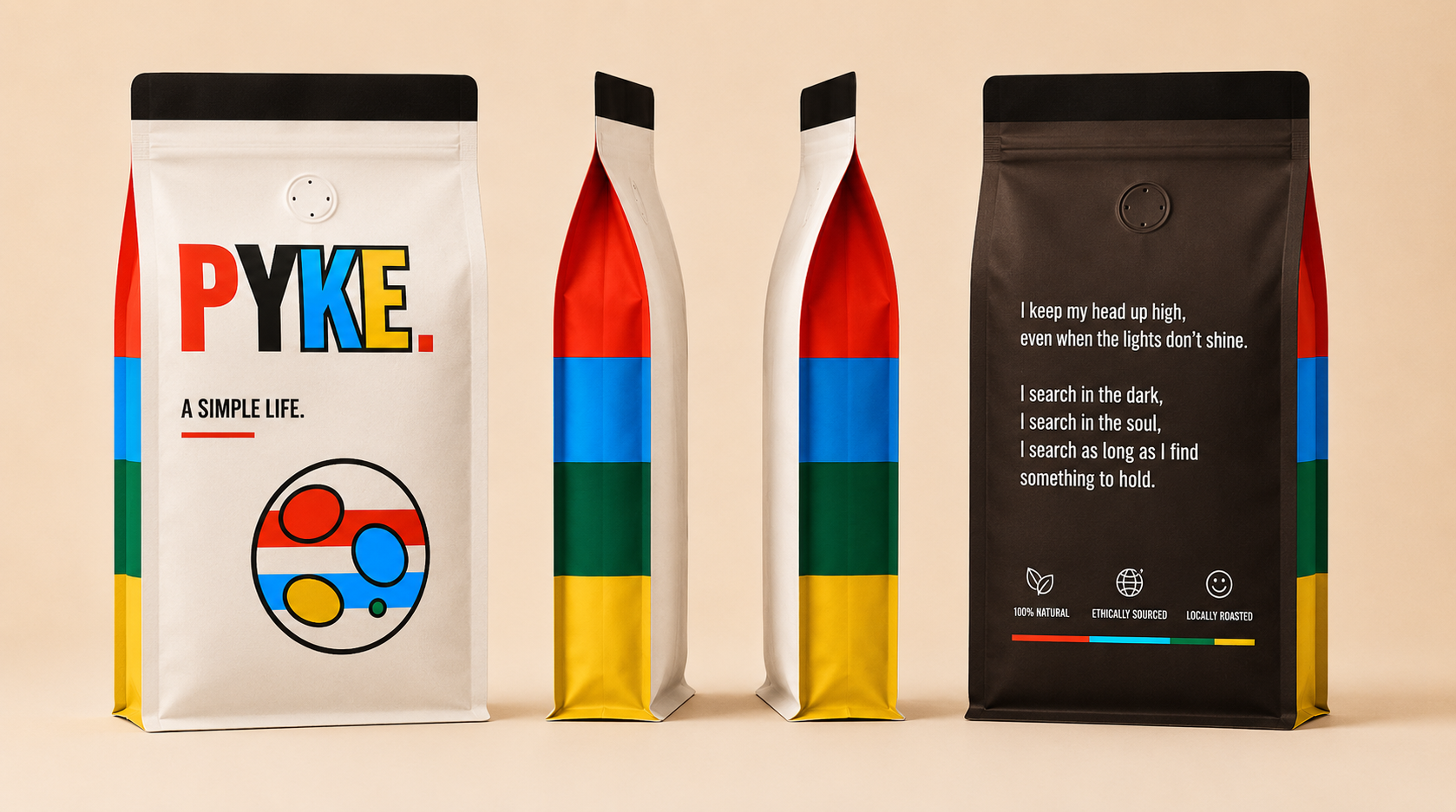 PYKE coffee bag — four views: front, two coloured gussets, and ink back panel